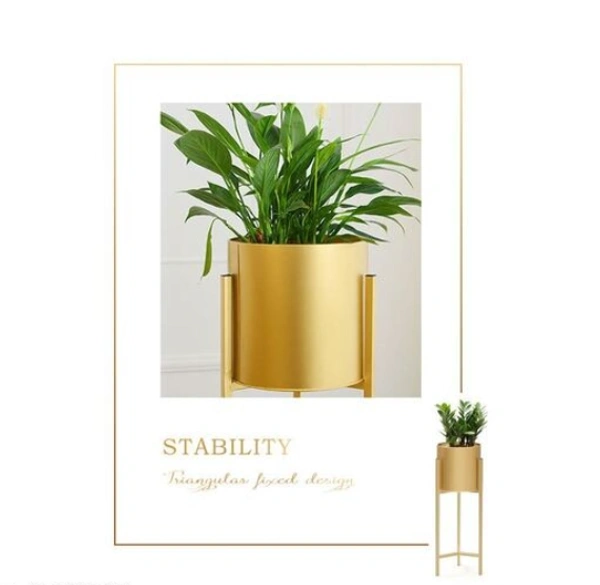 Modern Metal Floor Flower Stands With Planter Pot (Gold) Set of 3 - Free Size, Gold, Metal, Indoor/ Out Door, Pack of 3, Circular